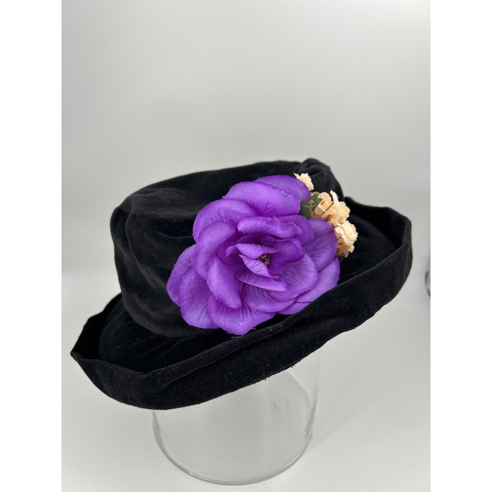 Vintage Style Black Cotton Velvet Bucket Hat Purple Rose Floral Accent RN 81509